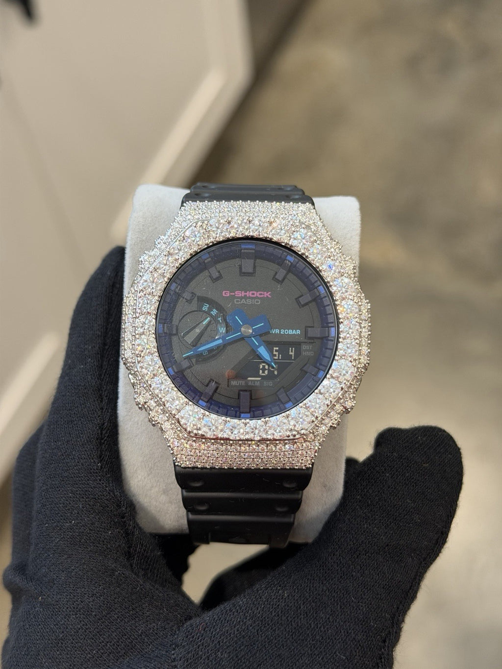 Custom Moissanite G-Shock GA-2100 Watch White Bezel black band Blue Face