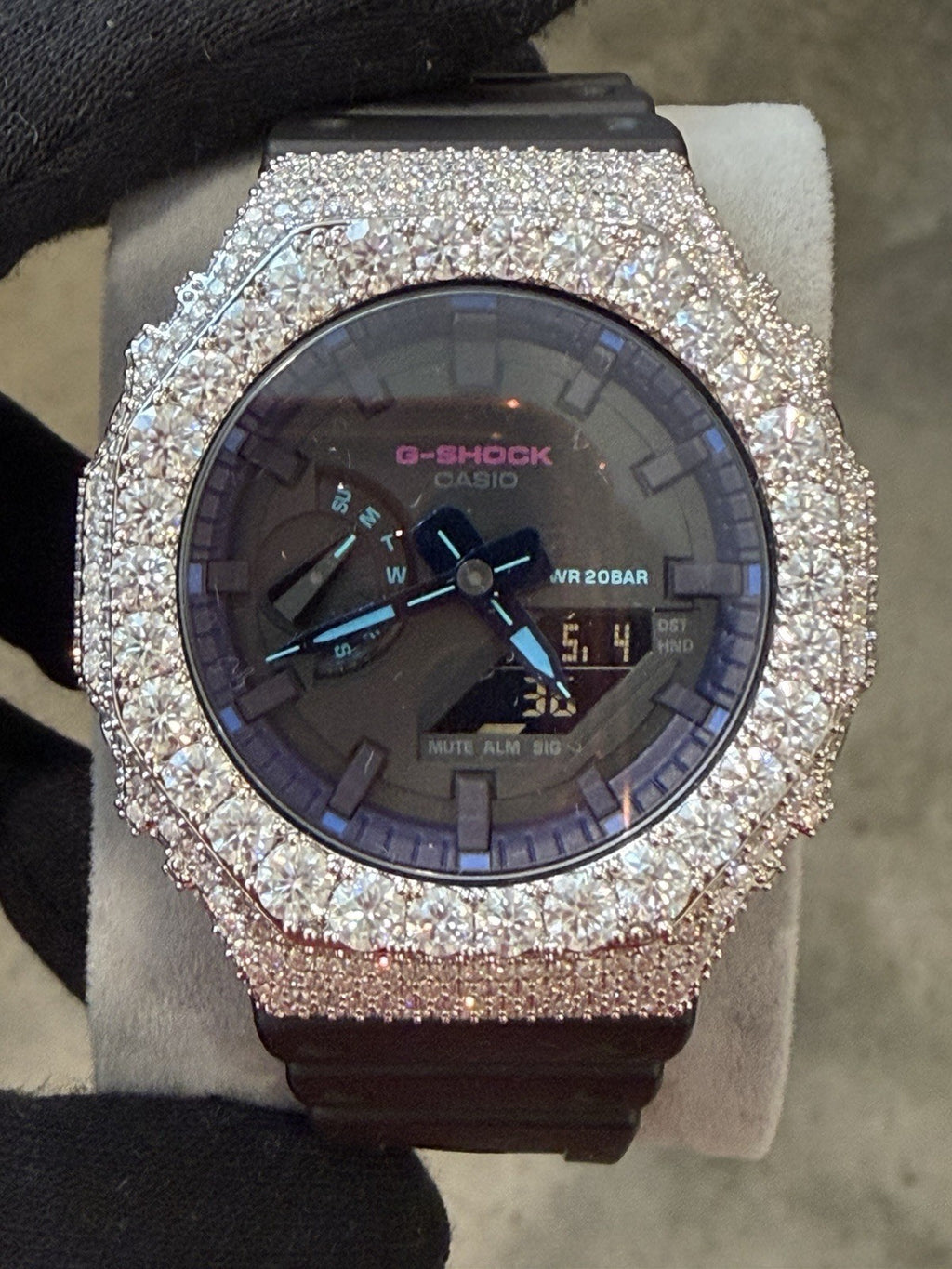 Custom Moissanite G-Shock GA-2100 Watch White Bezel black band Blue Face