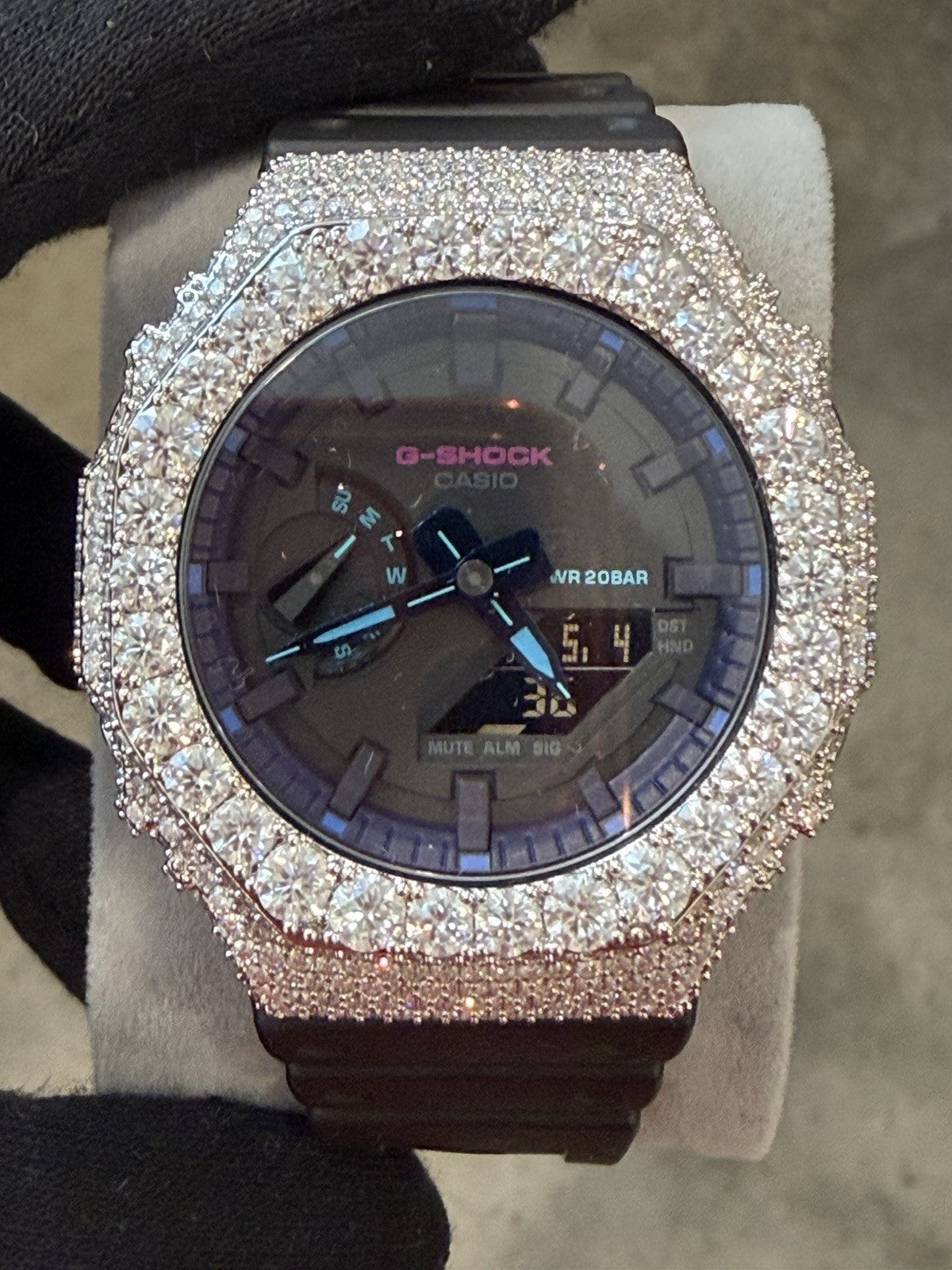 Custom Moissanite G-Shock GA-2100 Watch White Bezel black band Blue Face