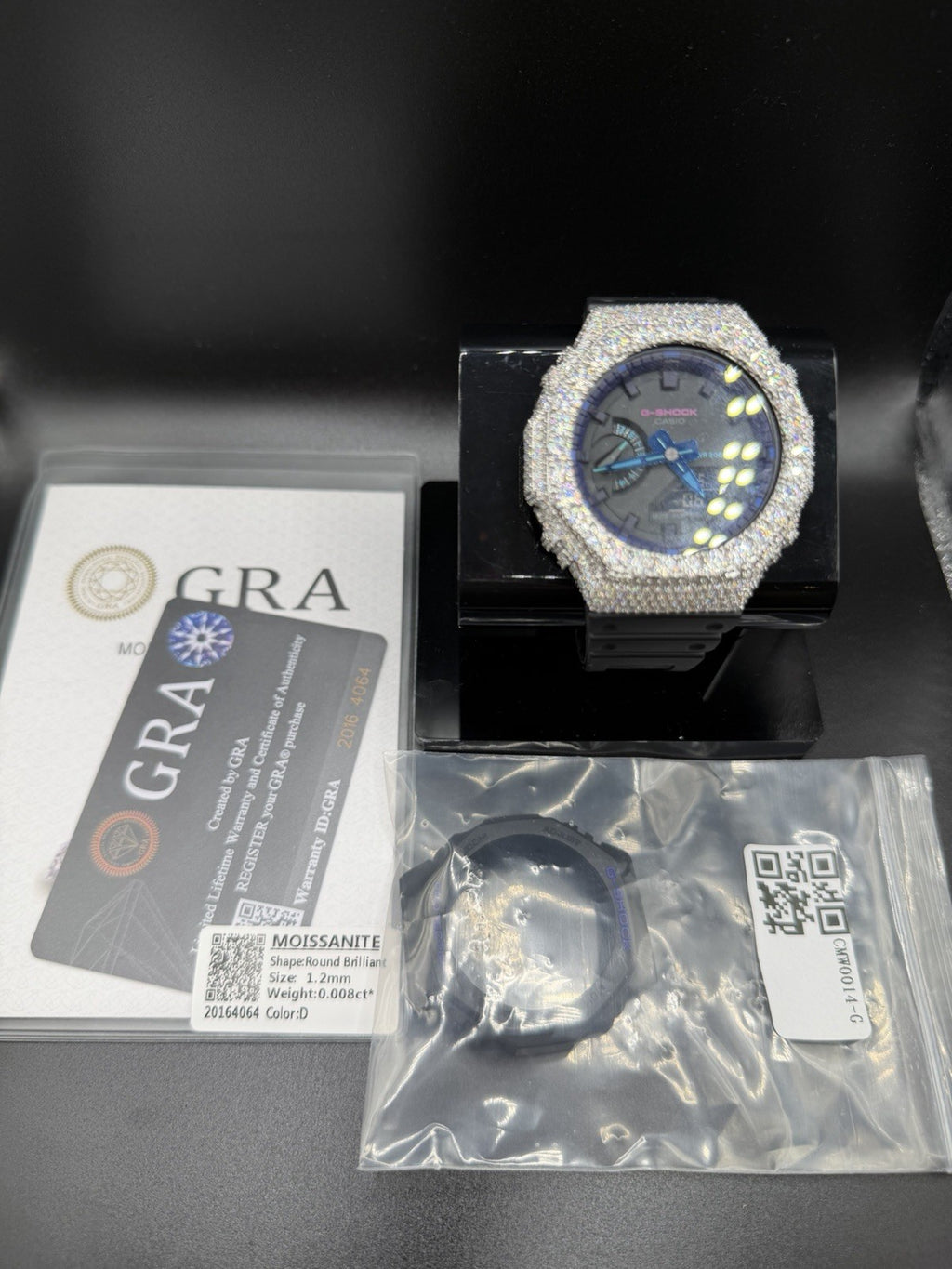 Custom Moissanite G-Shock GA-2100 Watch White Bezel black band Blue Face