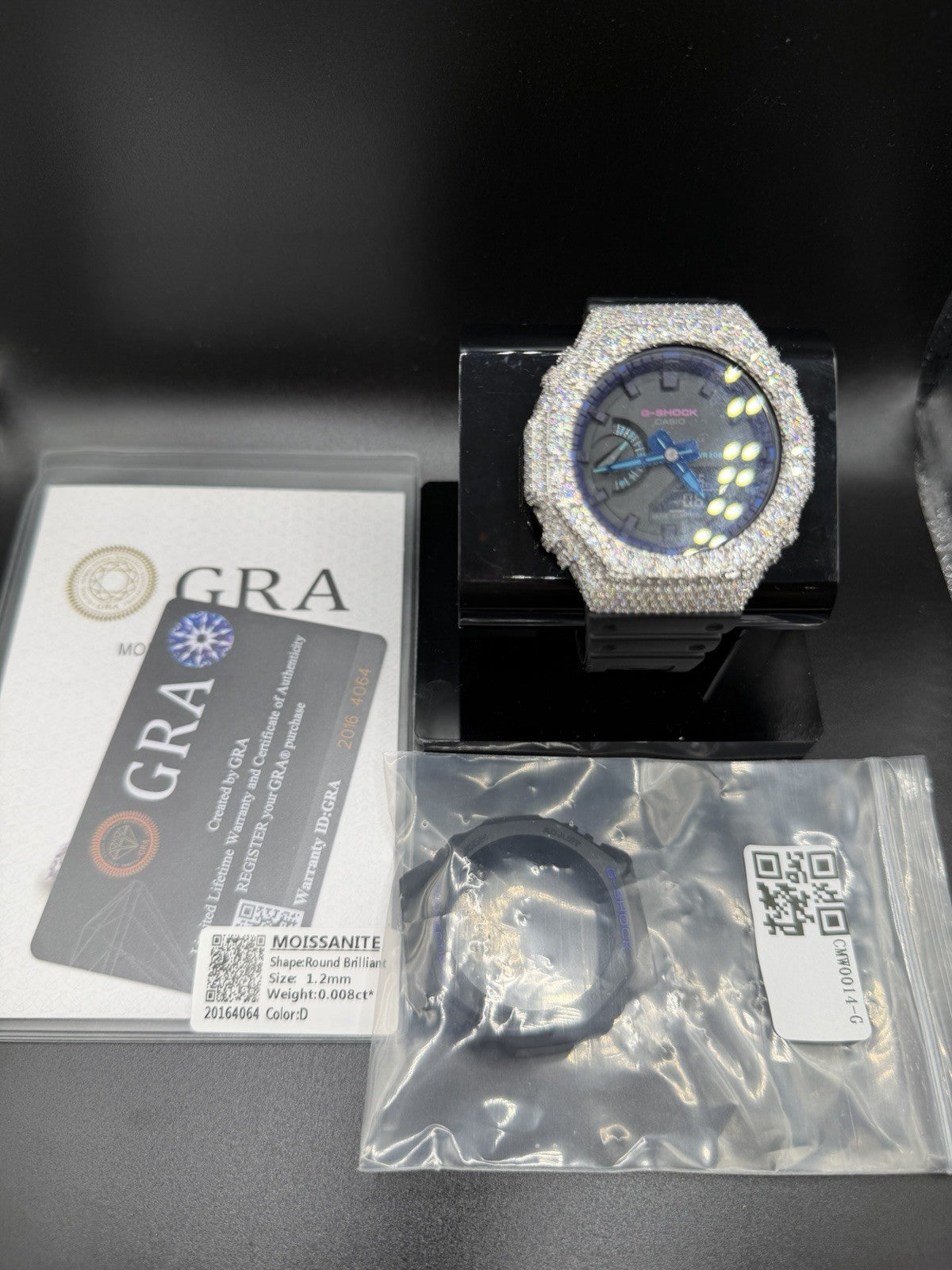 Custom Moissanite G-Shock GA-2100 Watch White Bezel black band Blue Face