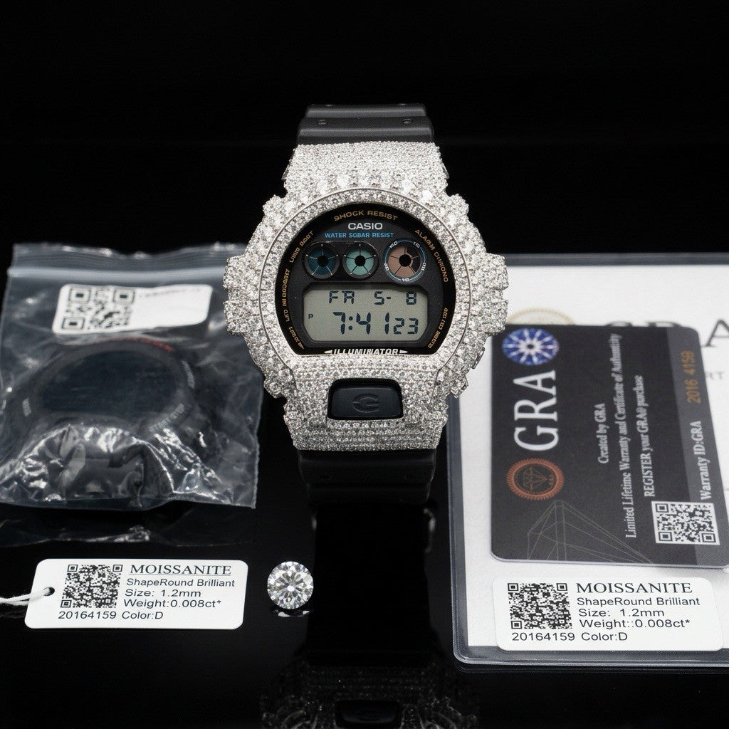 Moissanite Flaw-Less  D Color  G-Shock DW-6900 Iced Out Bezel Limited New Custom