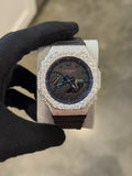 Custom Moissanite G-Shock GA-2100 Watch White Bezel black band Blue Face
