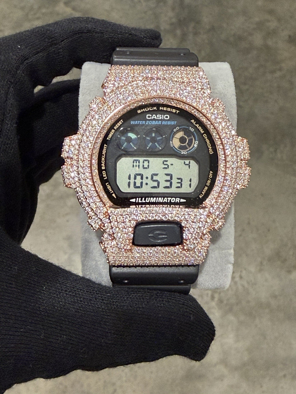 Moissanite Flaw-Less  D Color  G-Shock DW-6900 Iced Out Bezel Digital Watch Rose
