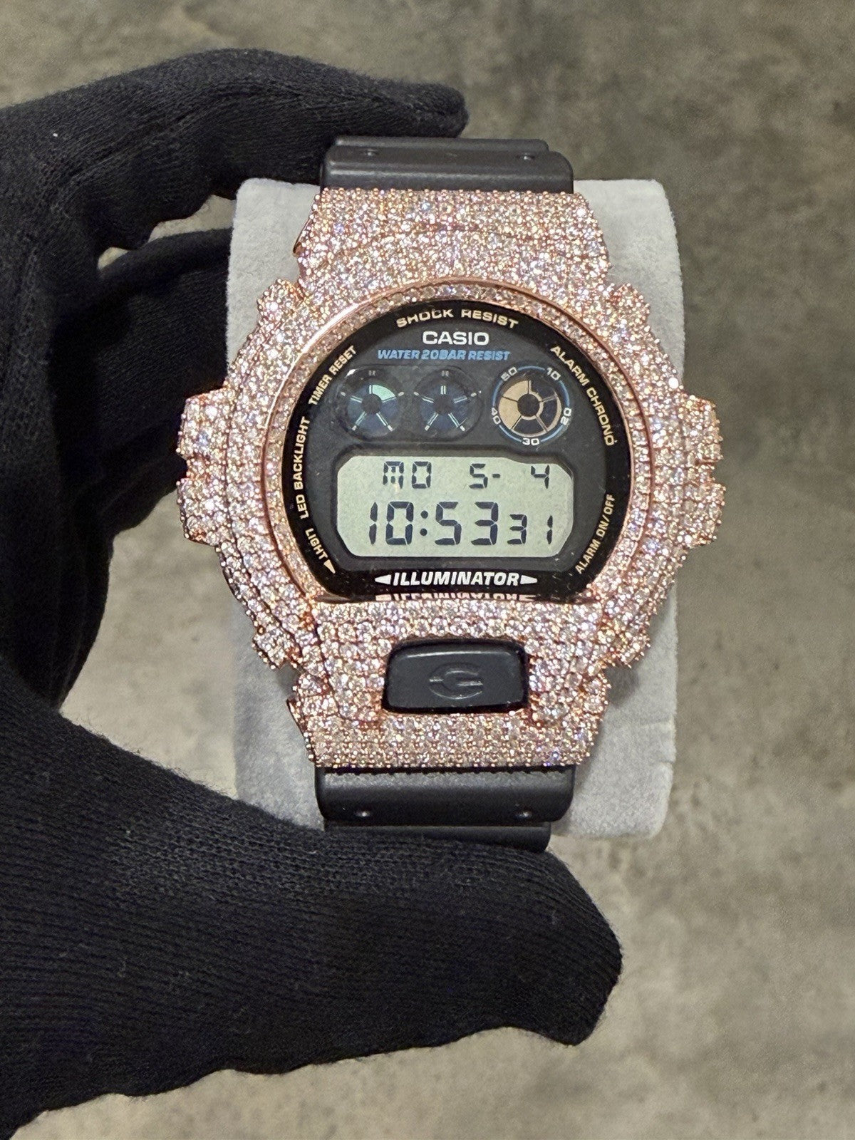 Moissanite Flaw-Less  D Color  G-Shock DW-6900 Iced Out Bezel Digital Watch Rose