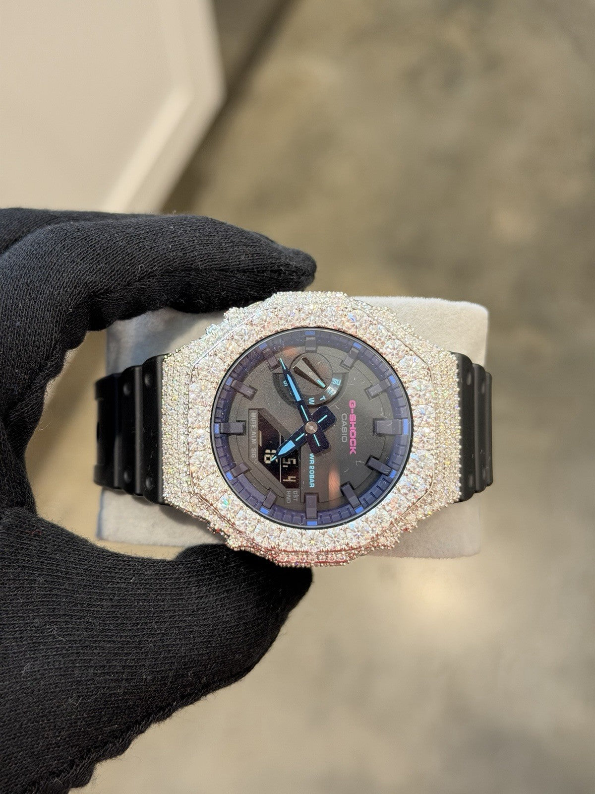 Custom Moissanite G-Shock GA-2100 Watch White Bezel black band Blue Face