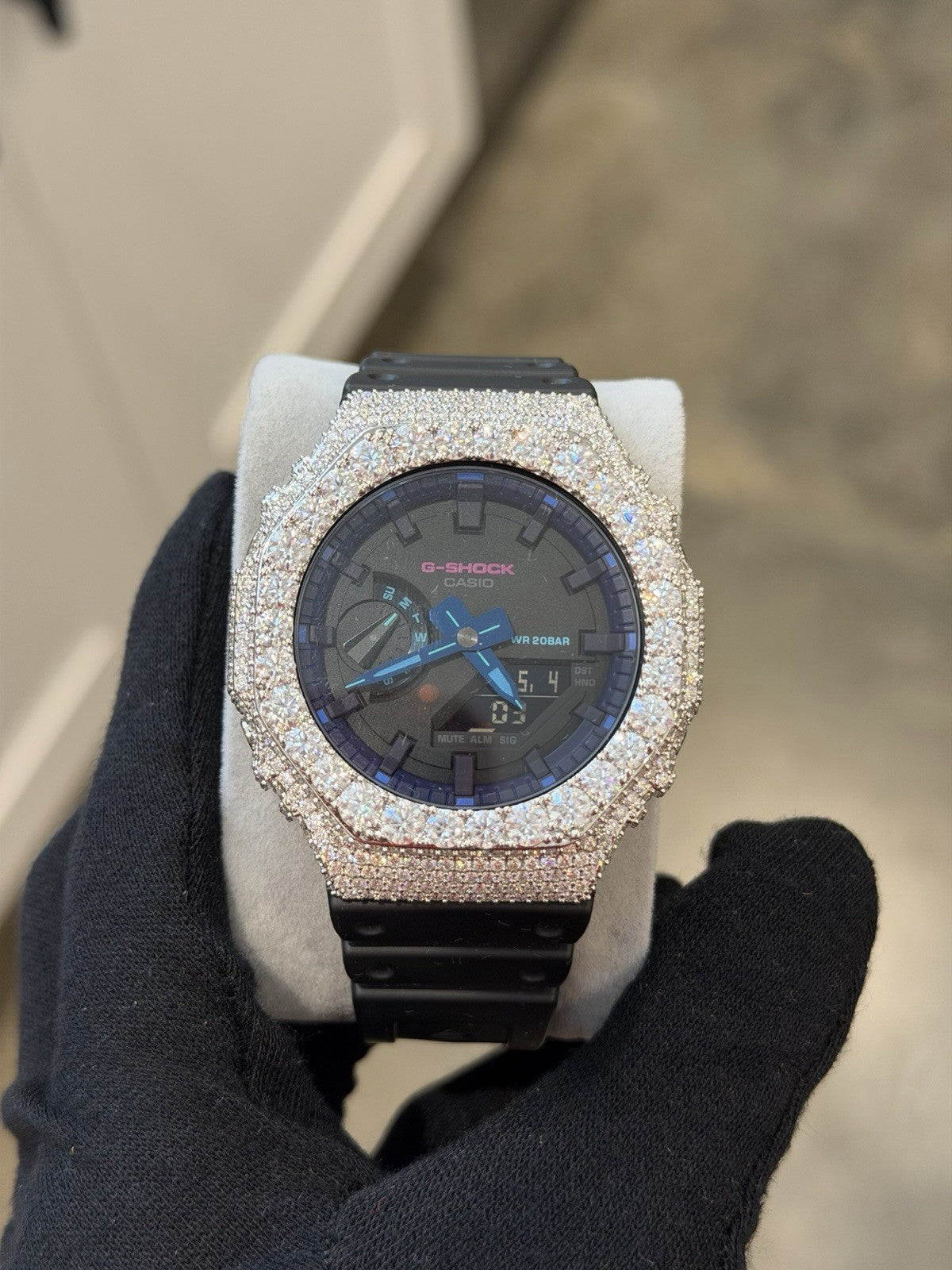 Custom Moissanite G-Shock GA-2100 Watch White Bezel black band Blue Face
