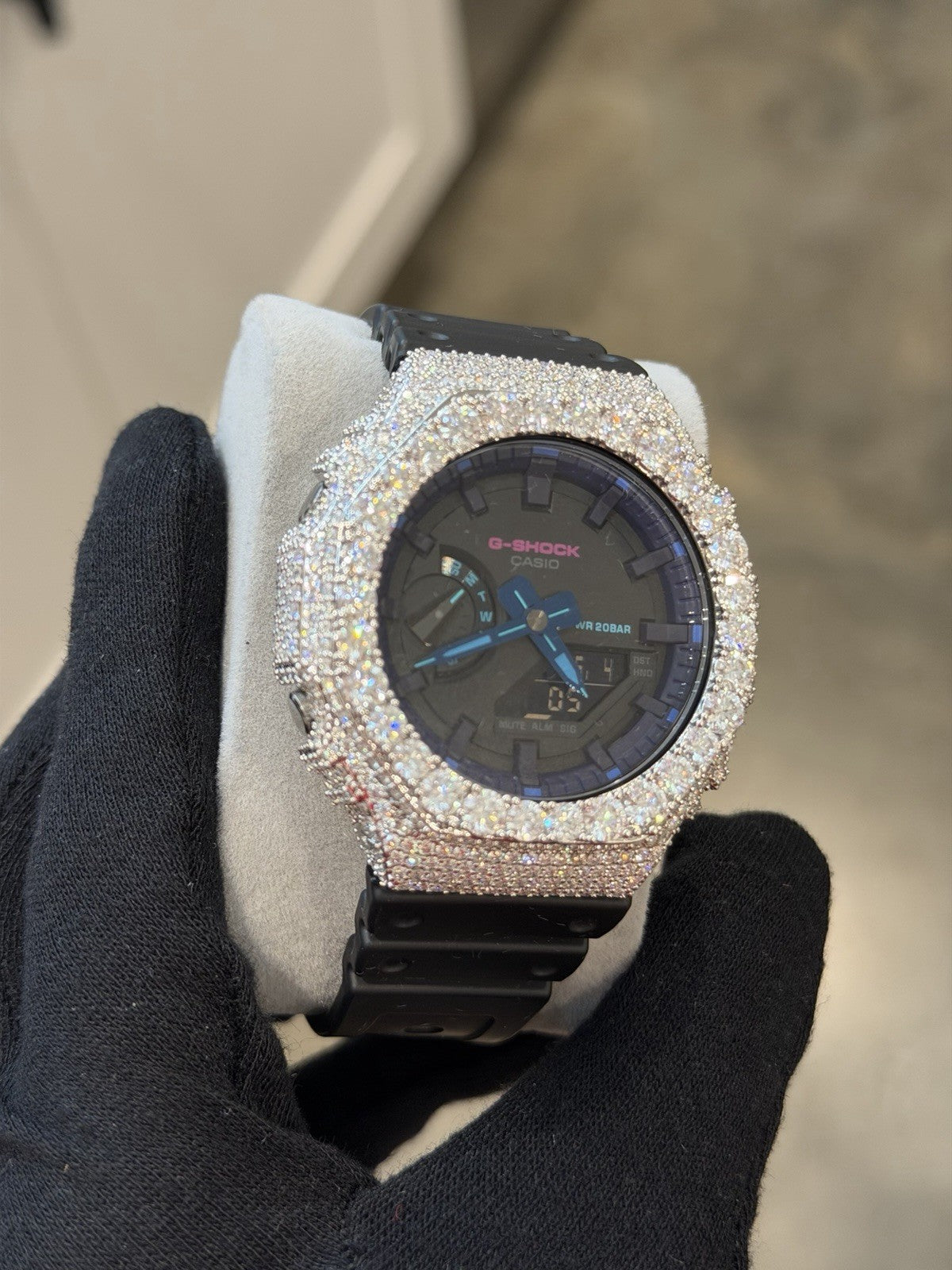 Custom Moissanite G-Shock GA-2100 Watch White Bezel black band Blue Face